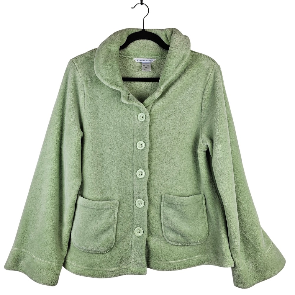 Cuddledown Women's Sage Green Fleece Jacket Button Front Lounge‎ Cardigan Medium